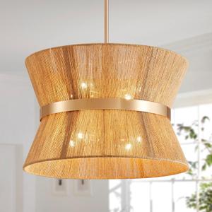 Shrine Lighting French Gold Boho Chandelier, Modern Design, Boho Drum Pendant Light for Dining Room, D18'' x H12'', Adjustable 47'', E12*8 Sockets, Jute Rope Lampshade&French Gold Finish Frame