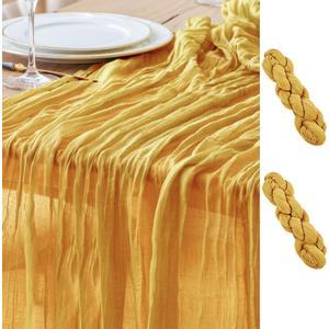 Asee'm 2pcs Cheesecloth Table Runner 120 Inches Long Gold Boho Gauze Cheese Cloth Runner 10FT Rustic Sheer Table Runners for Christmas Wedding Party Baby Shower Spring Easter Decoration, 2 PACK