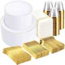 Supernal 700PCS Gold Plastic Dinnerware Set - Includes 100 White and Gold Plates Disposable, 100 Dessert Plates, 100 Plastic Silverware Set, 100 Cups 9 OZ, 100 Napkins Ideal for Wedding Party Birthday