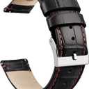 Ritche Christmas Gift Quick Release Leather Watch Bands Genuine Leather Watch Strap for Samsung Galaxy Watch 6 Band Classic 43mm 47mm 40mm 44mm 18mm, 20mm or 22mm for Men and Women, White Elephant Gifts, Stocking Stuffers for Men (Black/ Red Stiching/ Silver)