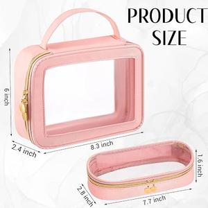 Abbylike 2 Pcs Pink Clear Makeup Bag Set Travel Toiletry Bags with Handle Women Gift for Christmas Portable Make up Cosmetic Case with Zipper Brush Bag Transparent Waterproof Organizer Car Essentials