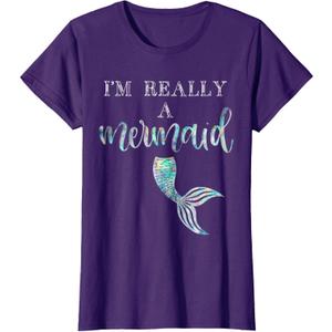 I'm Really A Mermaid Purple Shirt Cute Birthday Bridal Tee, Large, Purple
