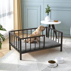 Dog Bed with Rails - Elevated Pet Metal Bed Frame with Solid Wood Board and Washable Soft Mat for Medium Dog Indoor or Outdoor Use, 25.2" x 37.8", Black