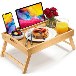 Bed Table Tray with Folding Legs, Laptop Holder and Handles - Breakfast Tray Bamboo Bed Tray for Eating, Sofa, Bed, Food Trays for Eating on Couch, Snacking and Working