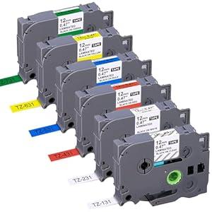 6Pack Replacement for Brother P Touch Label Tape TZe231 131 431 531 631 731 12mm 0.47 Laminated Label Maker Tape MultiColor Work for PTD210 H110 D220 D410 D600, Clear/White/Red/Blue/Yellow/Green