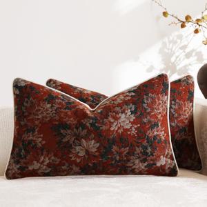 Pack of 2 Vintage Floral Pillow Covers 12x20 Christmas Boho Farmhouse Accents Chenille Rectangular Lumbar Decorative Throw Pillow Cases for Living Room Couch Bed Home Decor, Rust