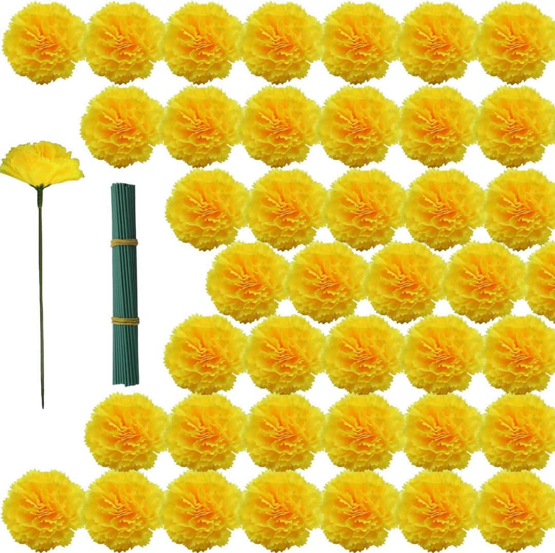 Artificial Marigold Flowers, 60Pcs Marigold Faux Flowers, Fake Marigolds Silk Flowers for Day of The Dead, Diwali, Dia De Los Muertos Decoration, Indian Wedding (Yellow, 60Pcs)