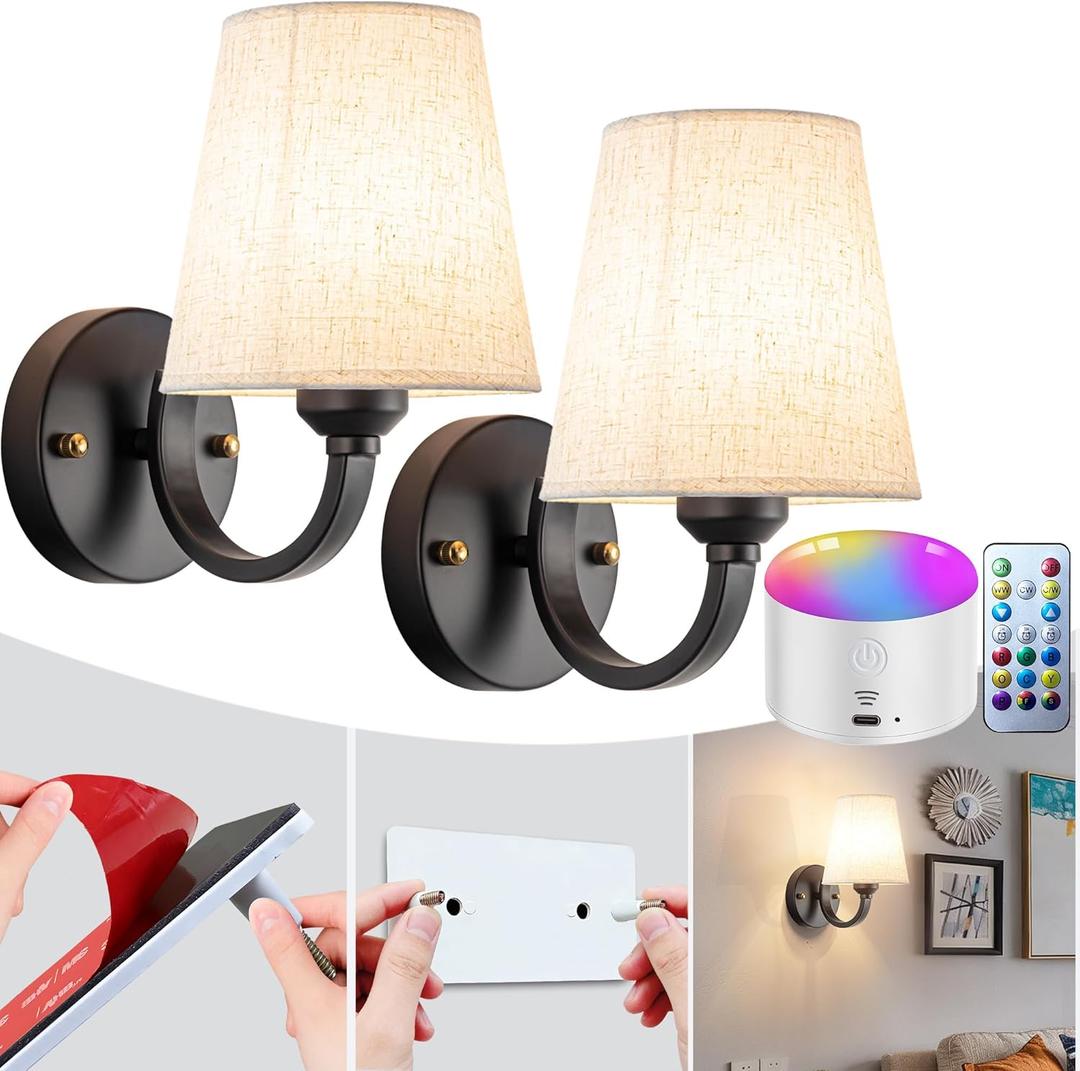 Peel and Stick Wall Sconces, No Drilling Stick On Wall Sconce, Wireless Battery Operated Wall Lights, Adhesive Wall Lamp with 10000mAh Battery Bulb for Bedroom Living Room Decor (Black-10.2inch)
