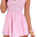 Women Summer Gingham Mini Dress Short Sleeve Deep V Neck Smocked Jumpsuit Romper Dress Plaid Babydoll Dress (Pink, M)