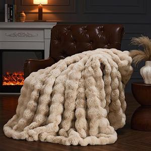 Faux Fur Throw Blanket for Couch, Fluffy Fuzzy Plush Bubble Blanket, Soft Warm Cozy Shaggy Rabbit Blanket, Luxury Decorative Gifts for Sofa Bedroom Living Room, 60x50inch (Naked Color)