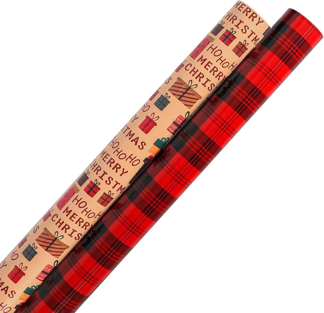 JinhzWin Christmas Wrapping Papers Rolls (2 Rolls: 82 sq. ft. ttl.) Large Roll Holiday Gift Wrap Paper(30 Inch X 394 Inch) with Winter Element Red & Black Plaid, MERRY CHRISTMAS Text, Gift Box Favor