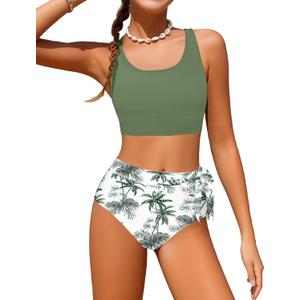 Girl Swimsuit Bikini Set Tropical Print Bathing Suit Two Piece Girls' Swimwear with Tie Side Knot (15-16 Years, Green Palm)