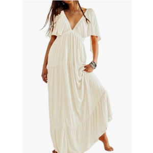 Kikibell Women Summer Dresses Sexy V-Neck Maxi Dress Tiered Silhouette with Flutter Sleeve Backless Elastic Waist Flowy Dress S