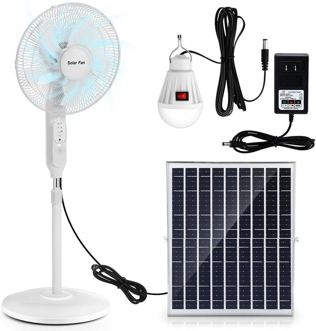 Sumind 16'' Solar Oscillating Standing Fan with Solar Panel, Portable Rechargeable Mobile Floor Fans, with 5V Light Bulb, 15000mah Battery, Two Charging Methods, 3 Speeds, for Bedroom Study or Outdoor