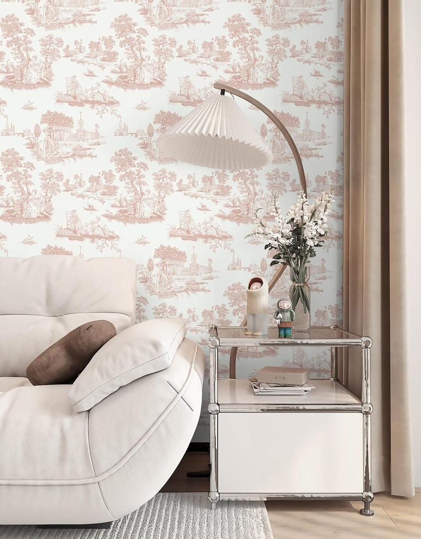 2 x Hopepak Pink Toile Peel and Stick Wallpaper Vintage Contact Paper Self Adhesive Waterproof Removable French Wall Paper for Cabinets Shelf Drawer Bedroom Bathroom 17.3''x78.7''