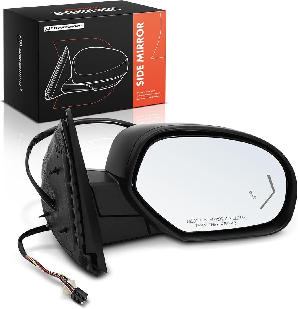 A-Premium Passenger Side Power Door Mirror - Compatible with Chevrolet Tahoe, Suburban 1500 2500 & GMC Yukon, Yukon XL 1500 2500 - Heated Power Folding Black w/Blind Spot Detection and Puddle Light