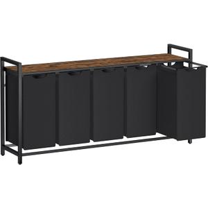 VASAGLE Laundry Hamper, Laundry Basket, Laundry Sorter with 5 Pull-Out and Removable Bags, Shelf, Metal Frame, 5 x 10.6 Gallons (40 L), 56.5 x 13 x 28.4 Inches, Ink Black and Rustic Brown UBLH501B01