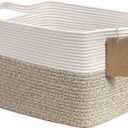 Goodpick Woven Storage Basket, Cotton Rope Basket for Dog Toys, Books, Stylish Gift Basket with Handles, 13 x 10 x 9 Inches Square Baskets for Organizing, Brown and White