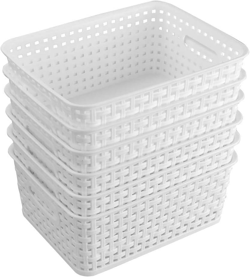 6-Pack White Storage Plastic Baskets, Plastic Weave Basket for Organizing