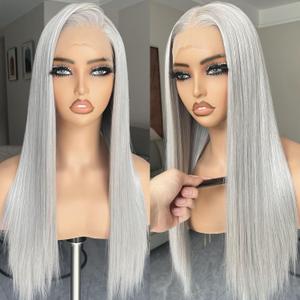 BLL Grey Lace Front Wig, 13x4 Silver Synthetic Wig Pre Plucked Small Knots Ready to Wear Long Straight Gray Glueless Wigs For Black Women Natural Density 26inch Suitable For Daily Party Wear