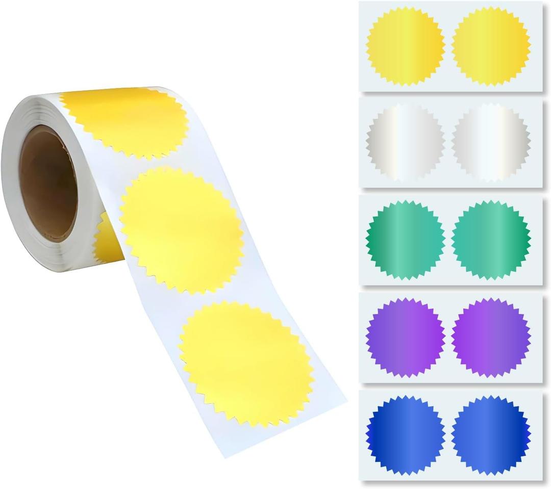Foil Certificate Stickers (250 Gold + 50 Multicolor), 2 inch Round Embossing Seals with Serrated Edge, Self-Adhesive Metallic Labels for Awards, Invitations, Envelopes, Packaging