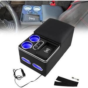 RULLINE Center Console Armrest Organizer with Wireless Charging & Cup Holders, LED Bench Seat Center Console for Car Minivan Truck SUV, Van - Universal Fit Storage Box, Center Console Armrest