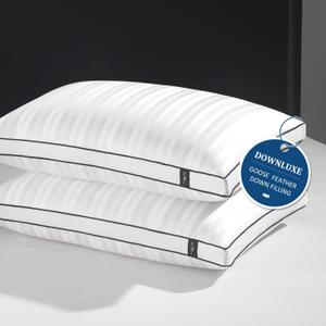 downluxe Goose Down Pillows - 2 Pack Gusseted Hotel Collection Feather Pillows for Back, Stomach or Side Sleepers, Down Pillows King Size Set of 2 (18"x34"x2") (Gusseted Vertical Stripes)