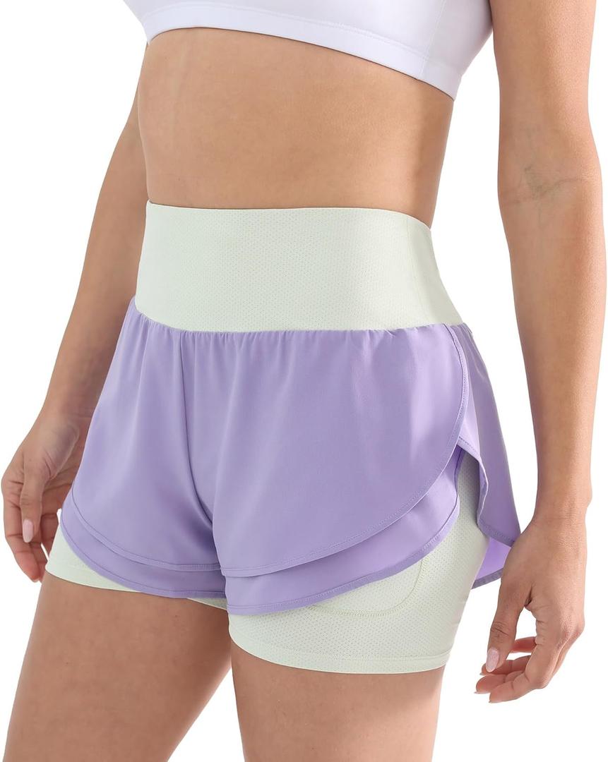 Cosmolle 2 in 1 Running Shorts for Women Lightweight Tennis Shorts Breathable Athletic Workout Shorts with Phone Pockets (Purple, L)