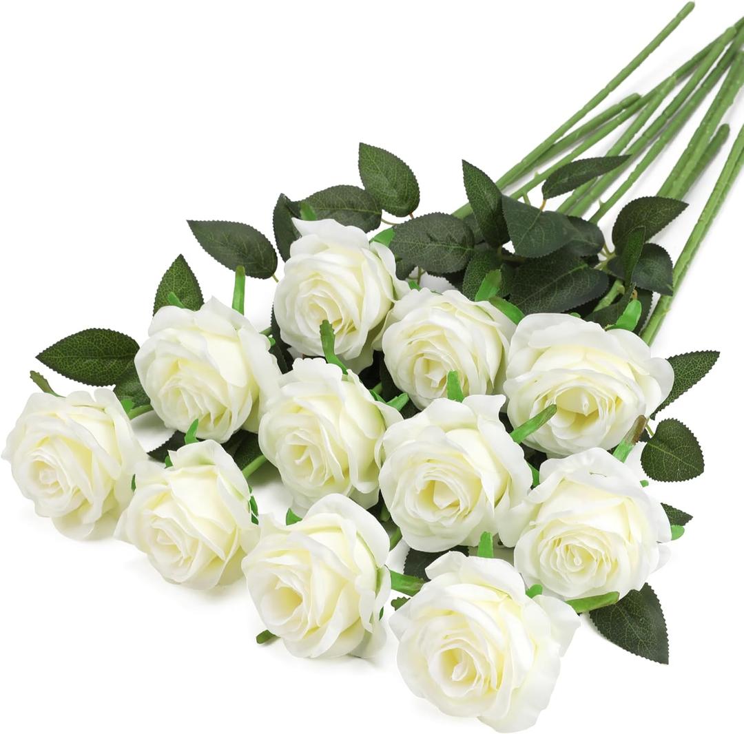 Uznaeoi 10PCS Vintage Roses Artificial Flowers White Fake Flower Bouquet Faux Roses with Stems for DIY Wedding Bouquet Bridal Shower Party Home Garden Decor (White)