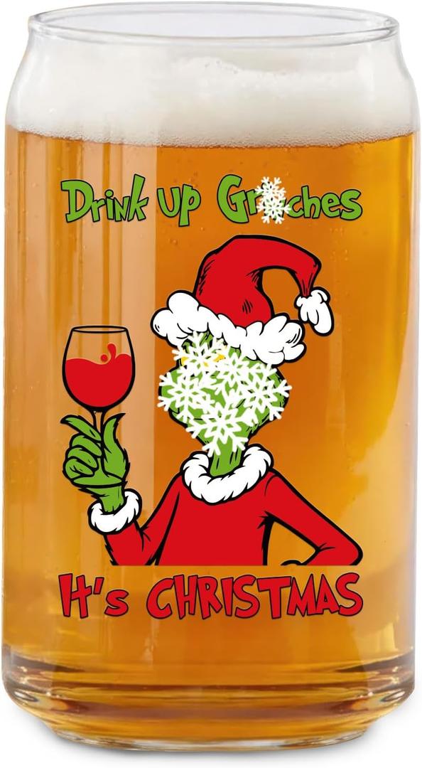 Funny Christmas Beer Glass for Men Women, 16 oz Holiday Glass Drinking Cups, White Elephant Gifts for Men Women, Christmas Glass Cup Party Supplies Table Decor Stocking Stuffers
