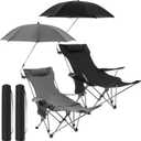 Yuntau 2 Set Reclining Beach Chairs with UPF 50+ Umbrellas Shade, Upgraded Heavy Duty Portable Folding Lounge Camping Chair with Canopy Removable Footrest & Headrest for Outdoor Patio(Grey, Black)