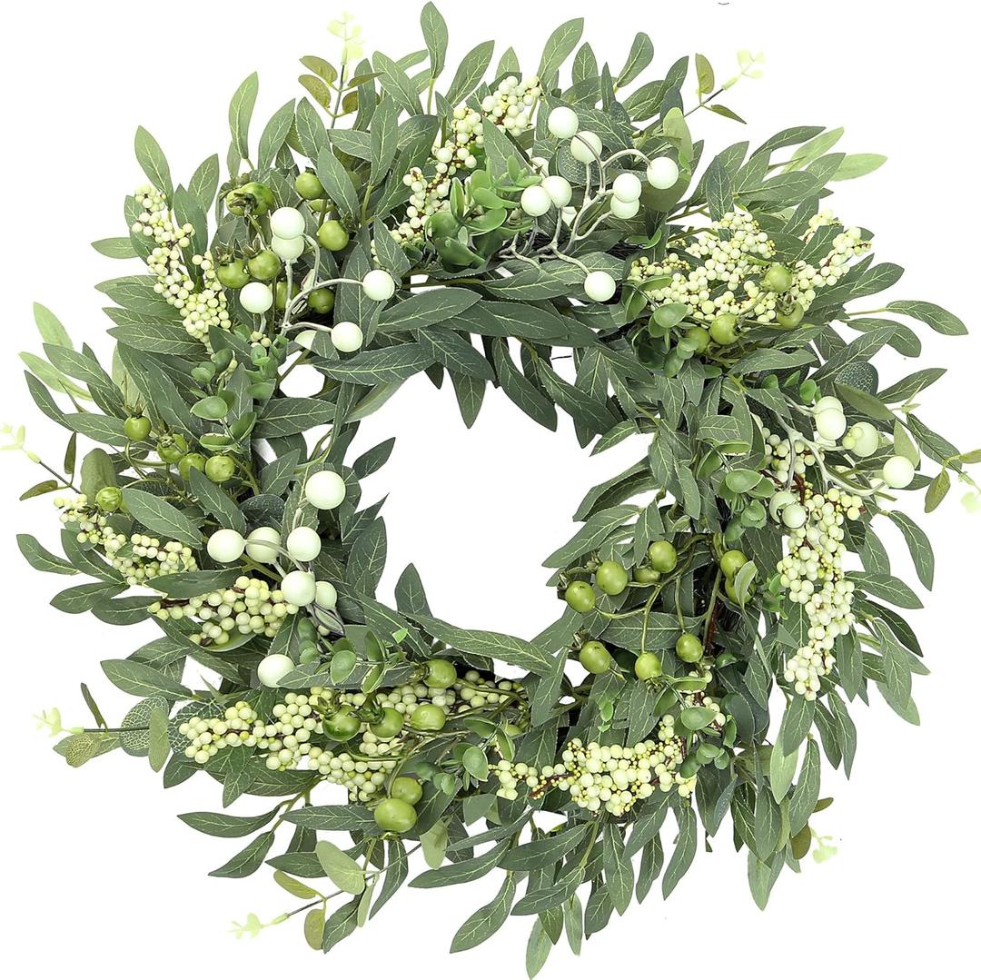 Sggvecsy Artificial Eucalyptus Wreath for Front Door 21 Inch with Greenery Leaves Green White Berries Silk Dollar Leaves for Spring Summer Farmhouse Window Porch Wall Home Indoor Outdoor Decor