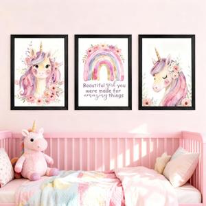 Cute Pink Unicorn Girl Quote Framed Wall Art Set of 3, Lovely Pastel Purple Rainbow Saying Sign for Baby Kid Toddlers, Cozy Watercolor Wooden Preschool Inspirational Flower Nursery Wall Decor Black