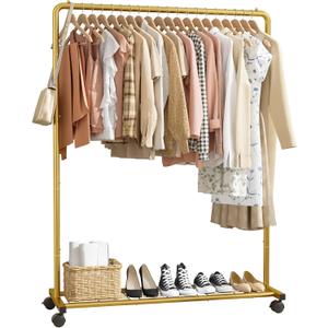 Clothes Rack - Clothing Rack with Storage Mesh Shelf & Casters, Heavy-Duty Metal Clothing Rack for Hanging Clothes, Dresses, Coats, Large Load Capacity, Easy Assembly, Gold, 44.3"x16.9"x59.0"