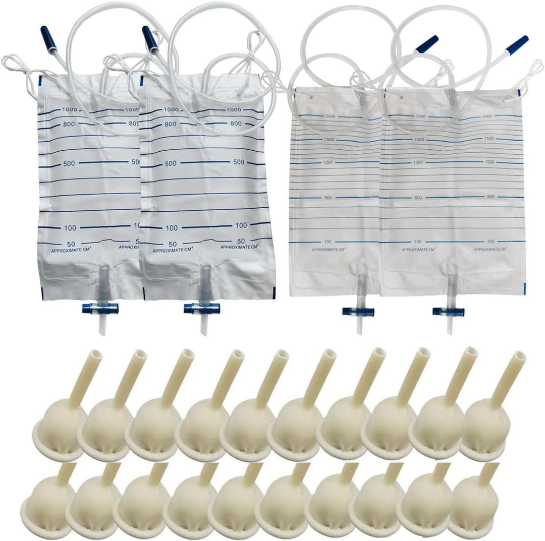 Male Catheter External Self-Sealing Set 20PCS Condom 2PCS 1000ML Urine Bag 2PCS 2000ML Drainage Bag(25mm/0.98inch)