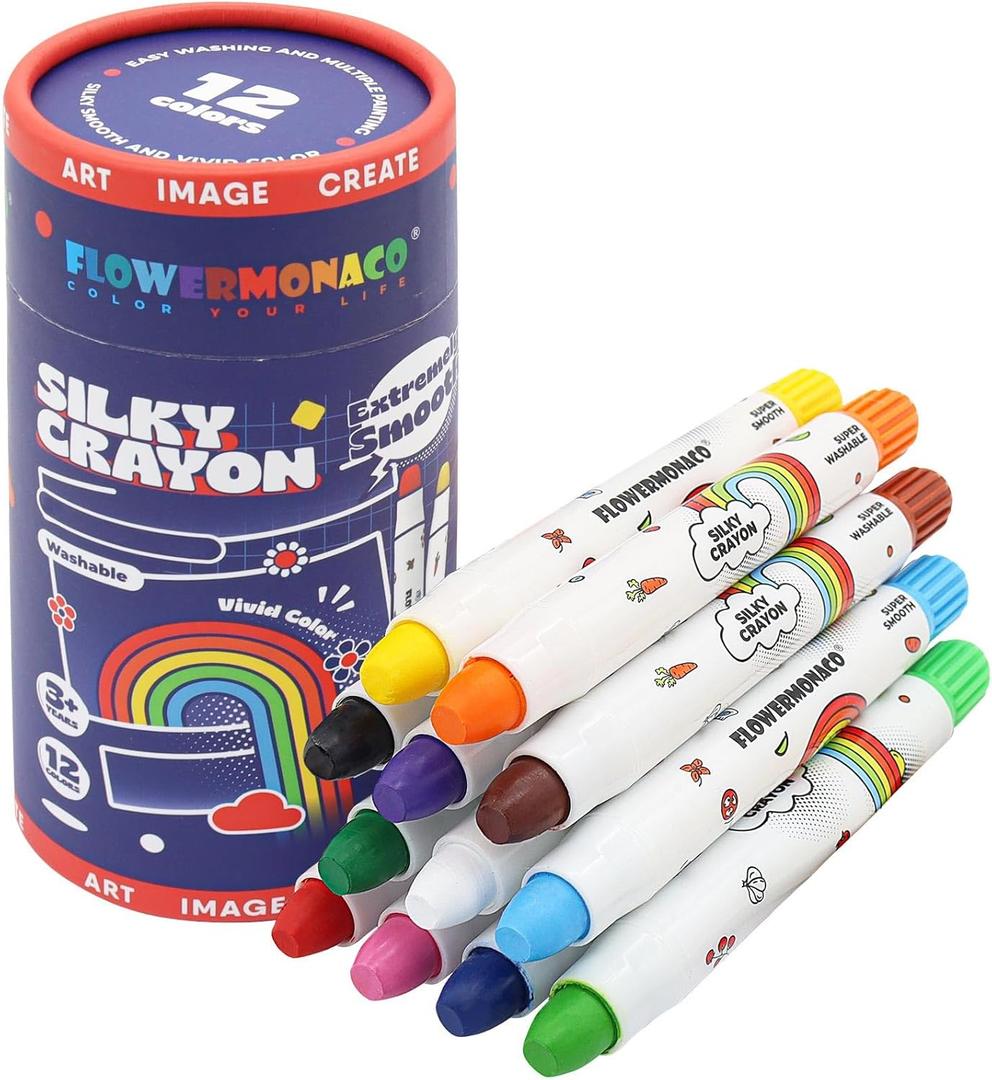 Lebze 12 Colors Toddler Crayons, Non Toxic Silky, Jumbo Washable Baby Coloring Tool, Large Size for Kids and Children, Safe Art School Supplies for Boys & Girls Flower Monaco