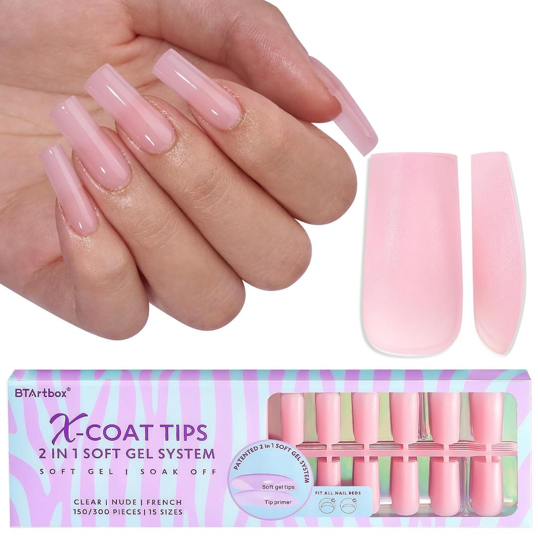 BTArtbox XCOATTIPS Soft Gel Nail Tips - Matte Long Square Press On Nails Pink Colored Natural with Tip Primer Cover, One-Step Full Cover Fake Nails Gel Nails for Nail Extensions Art
