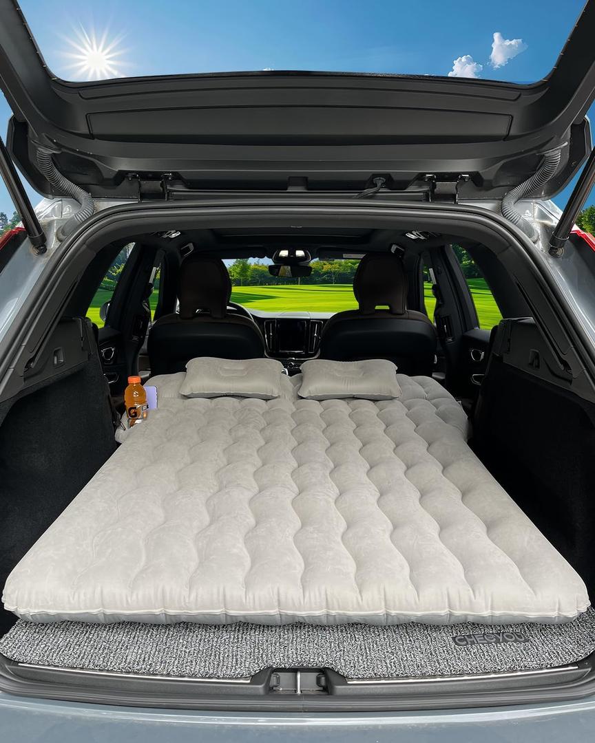 SUV Air Mattress, Inflatable Car Mattress Bottle and Phone Holder Thickened Flocking & PVC Surface Car Bed with Electric Air Pump Travel Mattress for Car Camping Road Trip (Grey)