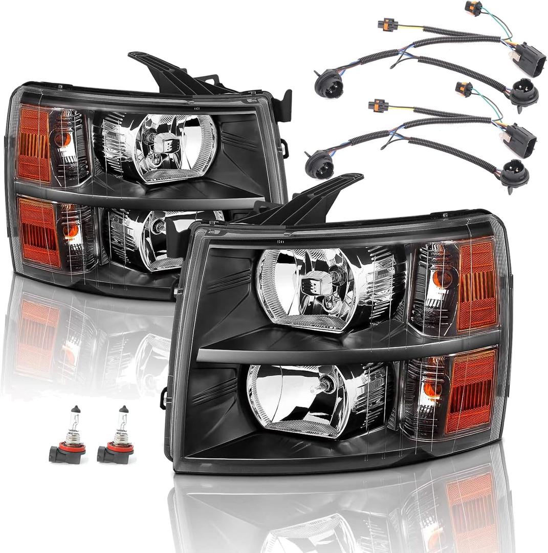 Headlights Assembly with Bulb & Wiring Harness compatible with 2007-2013 Chevy Silverado 1500 2500 3500 Headlamp, Black Housing Amber Side