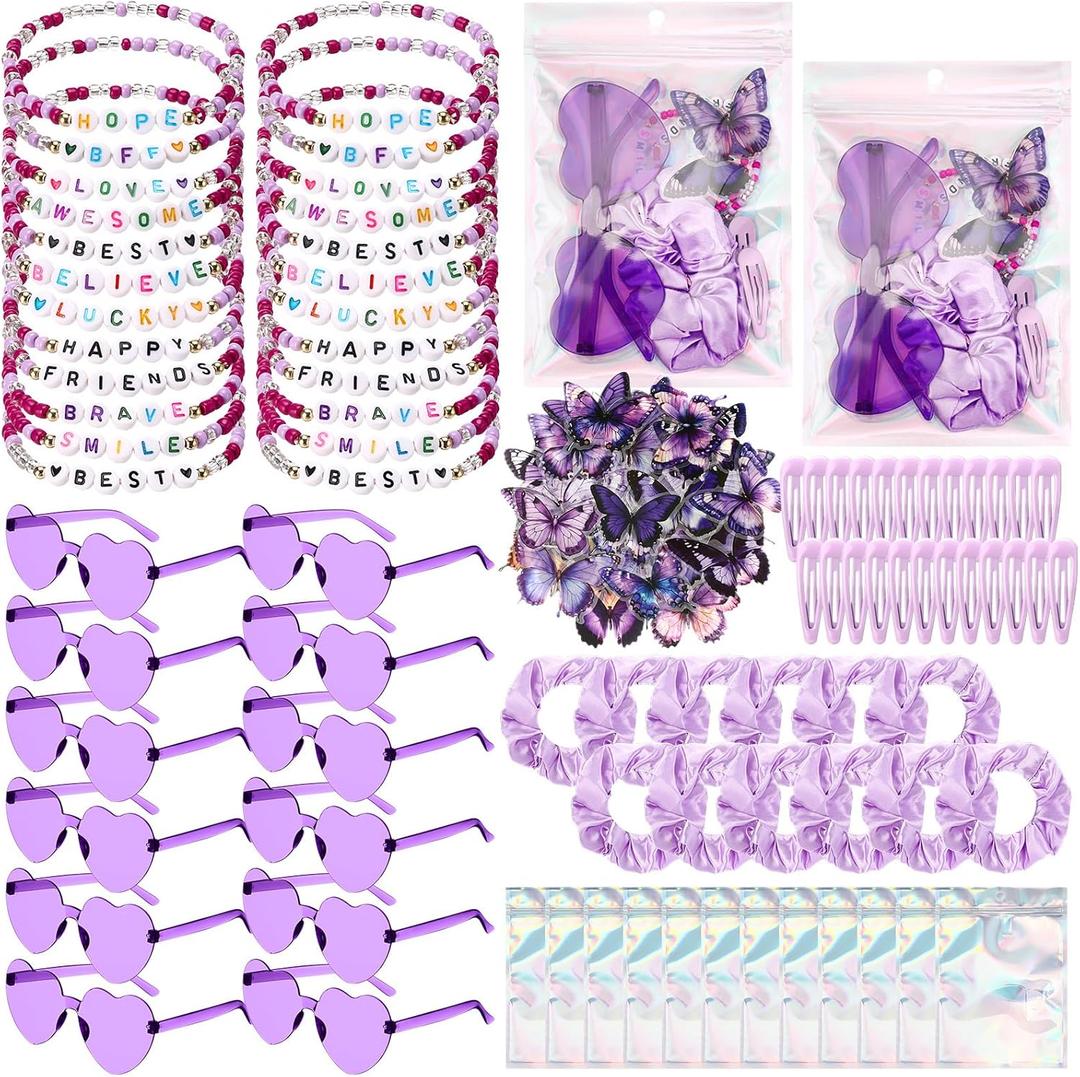 Quelay 134 Pcs Kpop Disco Party Favors Popular Singer Party Friendship Gift Set Birthday Bracelets Sunglasses Satin Scrunchie Clips Stickers Bags for 80s Y2k Fans Women(Heart,Purple)