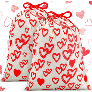 Pickmesh 2 Pcs Large Valentine's Day Drawstring Gift Bag 20x28 Inch Reusable Fabric Red Heart Cloth Bags with Tag for School Birthday Wedding Baby Shower Party Supplies(red, Valentine's Day)