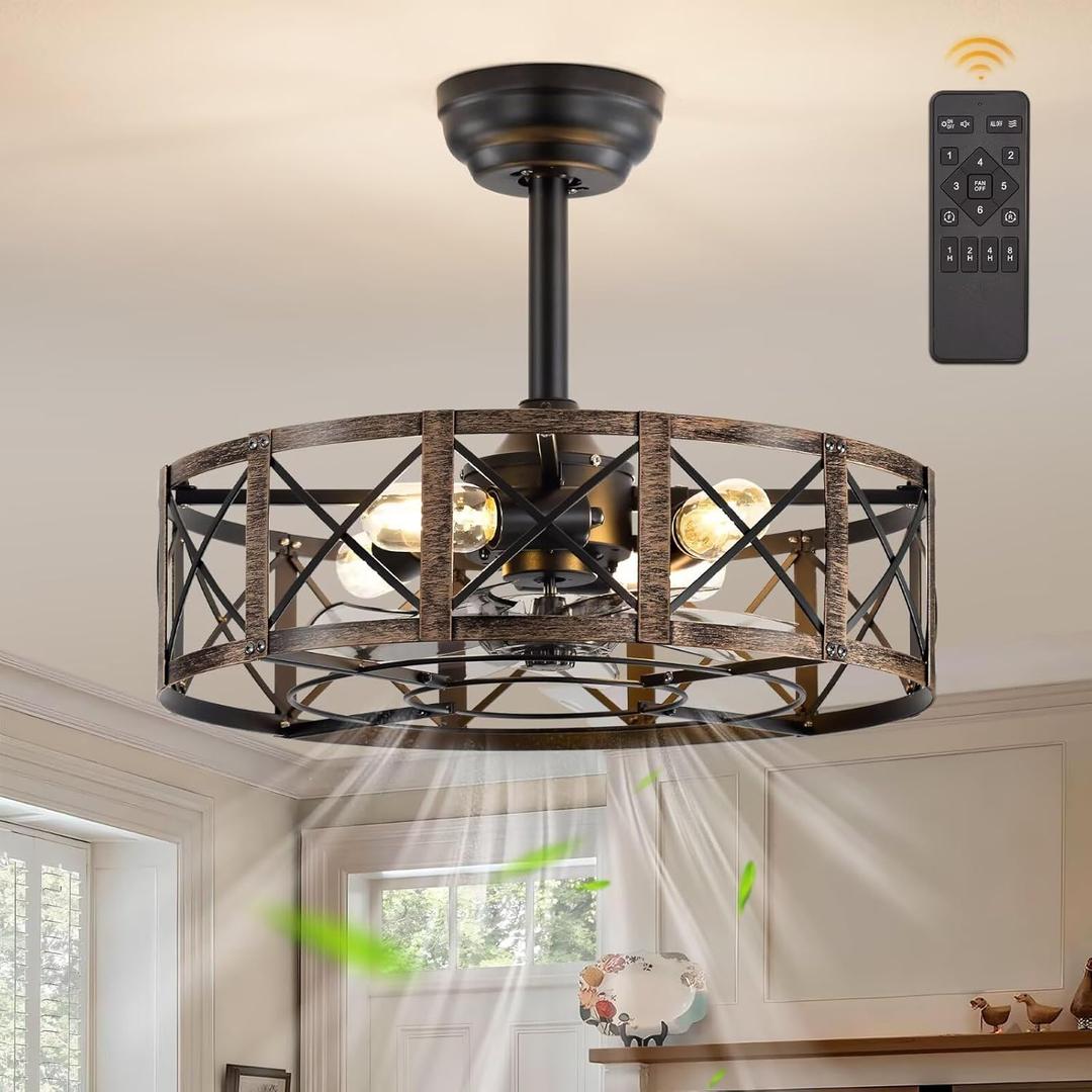 Fanbulous 20 Inch Fandelier Caged Ceiling Fans with Lights and Remote, Black Farmhouse Ceiling Fan, Bladeless Samll Fan Lights Ceiling Fixtures for Kitchen, Bedroom-Black and Gold