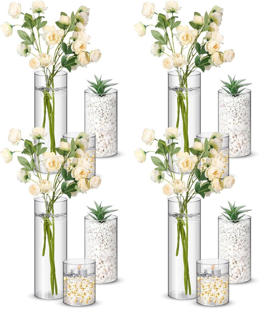 Nuogo 12 Pcs Plastic Cylinder Vases Tall Plastic Flower Vases for Centerpieces Hurricane Candle Holder for Home Wedding Office Party Formal Dinners Decorations (4''/6''/8'')
