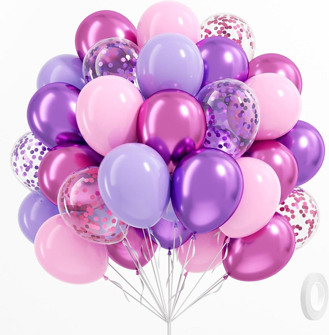 61pcs Pink and Purple Balloons, 12 Inch Purple Pink Confetti Balloons, Metallic Balloon with Ribbon for Bridal Baby Shower Wedding Women Birthday Party Decorations