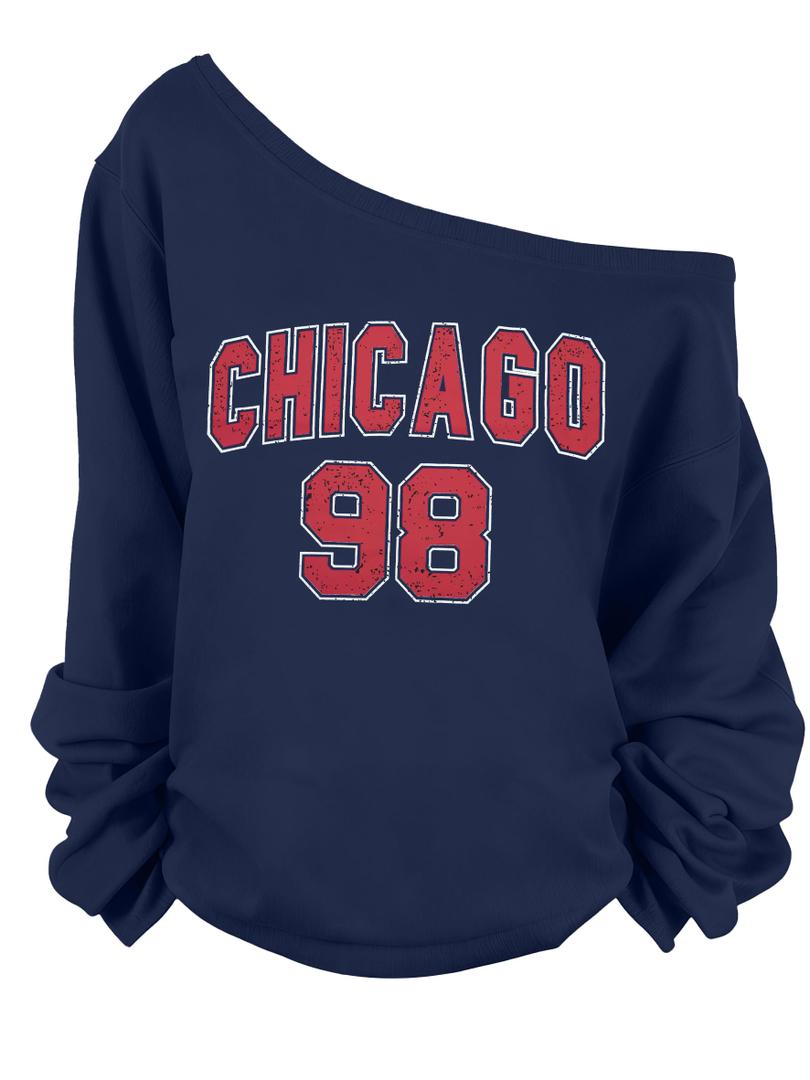 FASHGL Women's Off The Shoulder Sweatshirts Tops Oversized Sweatshirt Streetwear Y2K Jersey Number Graphic Long Sleeve Dark Blue Medium