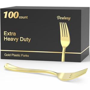 Dealusy 100 Count Heavy Duty Gold Plastic Forks Disposable, BPA-Free, Heat Resistant, Solid and Durable Premium Plastic Disposable Forks for Party Supply