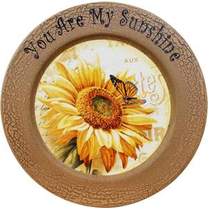 CVHOMEDECO. Sunflower Decorative Plate Primitives Round Crackled Display Wooden Plate Home Dcor Art, 13-1/4 Inch, 13-1/4" Dia. X 3/4"