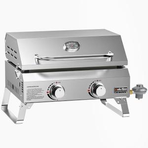 ONLYFIRE GRILLS Tabletop Gas Griddle with Lid & Foldable Legs, 2-Burner BBQ Propane Flat Top Griddle, Portable Grill Stove for Outdoor Cooking Patio Party Camping Tailgating RV, Stainless Steel, GS318