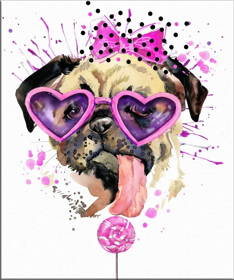7Dots Art. Fun Popcorn, Donuts and Lollipops Dogs. Watercolor Art Print, Poster 8"x10" on Fine Art Thick Watercolor Paper for Living Room, Bedroom, Bathroom. Funny Wall Art Decor. (Pug dog2)