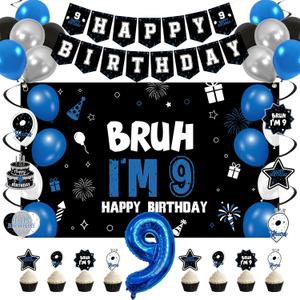 Vlipoeasn 9th Birthday Decorations Set for Boys Girls, 35PCS Black Blue 9 Year Old Birthday Backdrop Banner, Bruh I'm 9 Party Supplies
